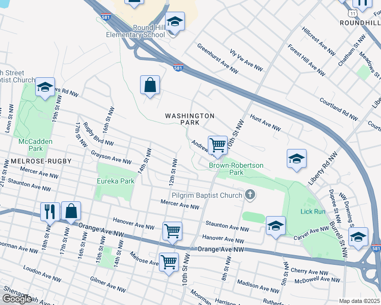 map of restaurants, bars, coffee shops, grocery stores, and more near 1114 Syracuse Avenue Northwest in Roanoke
