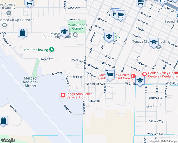 map of restaurants, bars, coffee shops, grocery stores, and more near 1311 West 1st Street in Merced