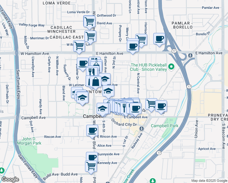 map of restaurants, bars, coffee shops, grocery stores, and more near 194 North 3rd Street in Campbell