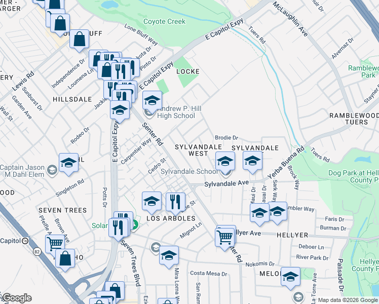 map of restaurants, bars, coffee shops, grocery stores, and more near 3408 Pitcairn Way in San Jose