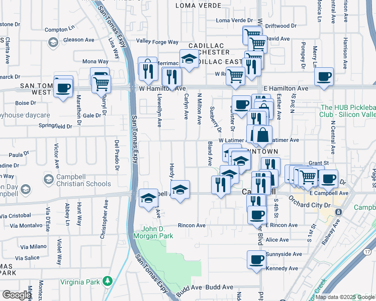 map of restaurants, bars, coffee shops, grocery stores, and more near 200 Carlyn Avenue in Campbell