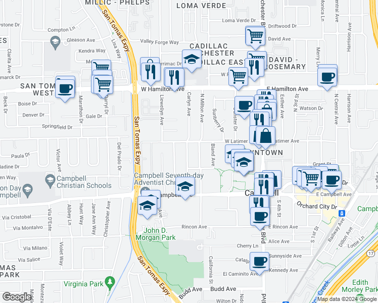 map of restaurants, bars, coffee shops, grocery stores, and more near 200 Carlyn Avenue in Campbell