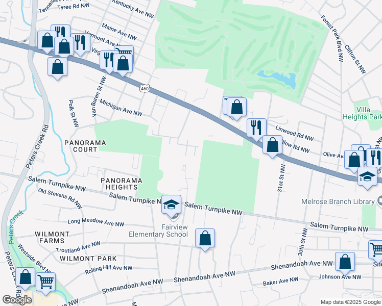 map of restaurants, bars, coffee shops, grocery stores, and more near 3422 Bennett Drive Northwest in Roanoke