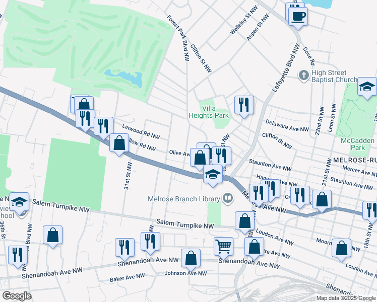 map of restaurants, bars, coffee shops, grocery stores, and more near 2831 Olive Avenue Northwest in Roanoke