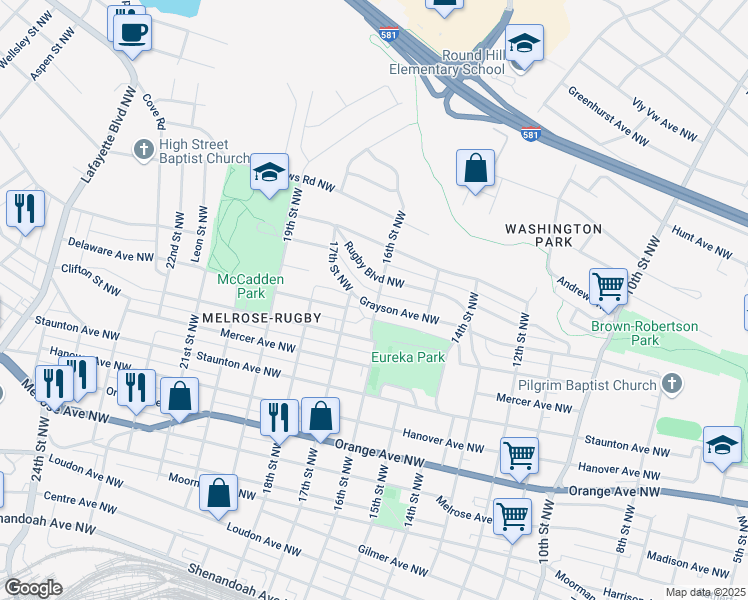 map of restaurants, bars, coffee shops, grocery stores, and more near 1601 Grayson Avenue Northwest in Roanoke