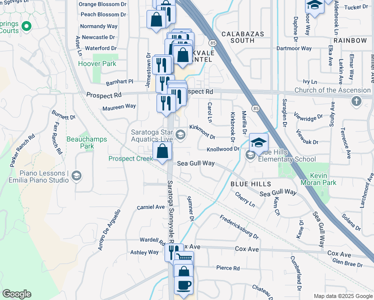 map of restaurants, bars, coffee shops, grocery stores, and more near 20099 Marigny Place in Saratoga