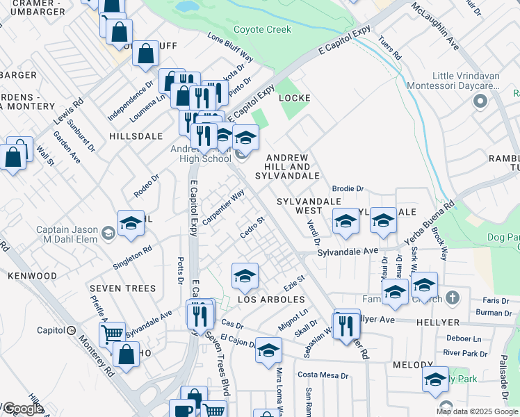 map of restaurants, bars, coffee shops, grocery stores, and more near 3391 Senter Road in San Jose