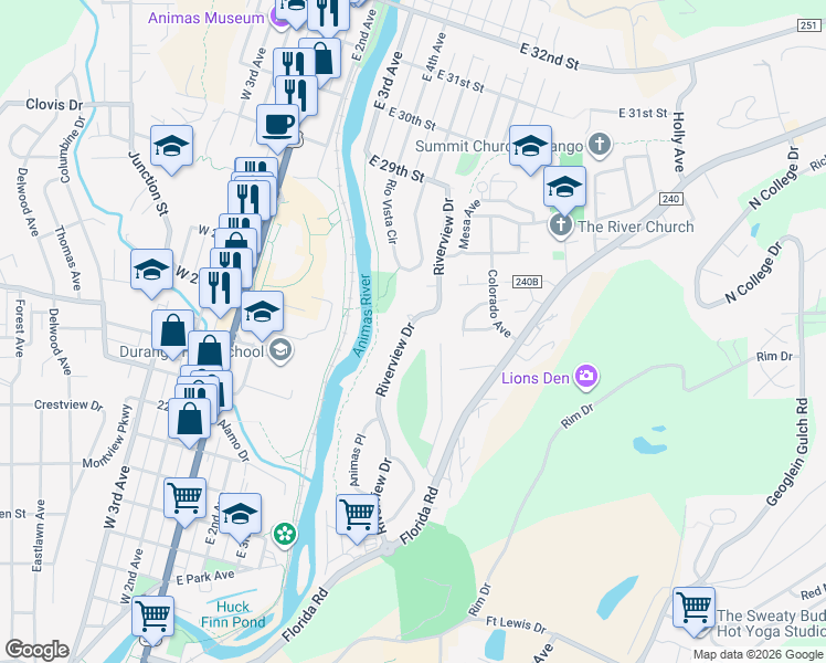map of restaurants, bars, coffee shops, grocery stores, and more near 146 Riverview Drive in Durango