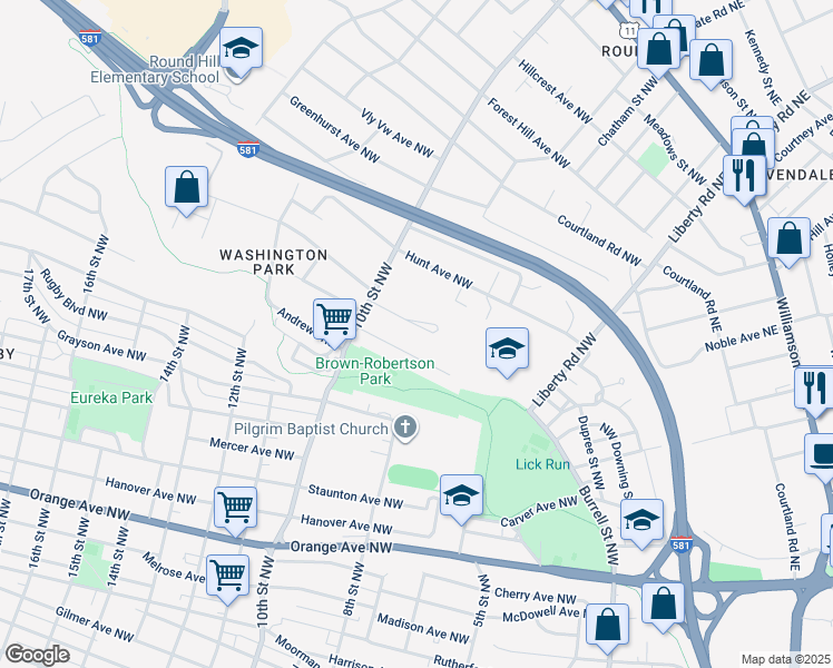 map of restaurants, bars, coffee shops, grocery stores, and more near 918 Rockland Avenue Northwest in Roanoke