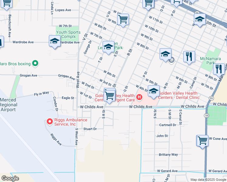 map of restaurants, bars, coffee shops, grocery stores, and more near 212 R Street in Merced