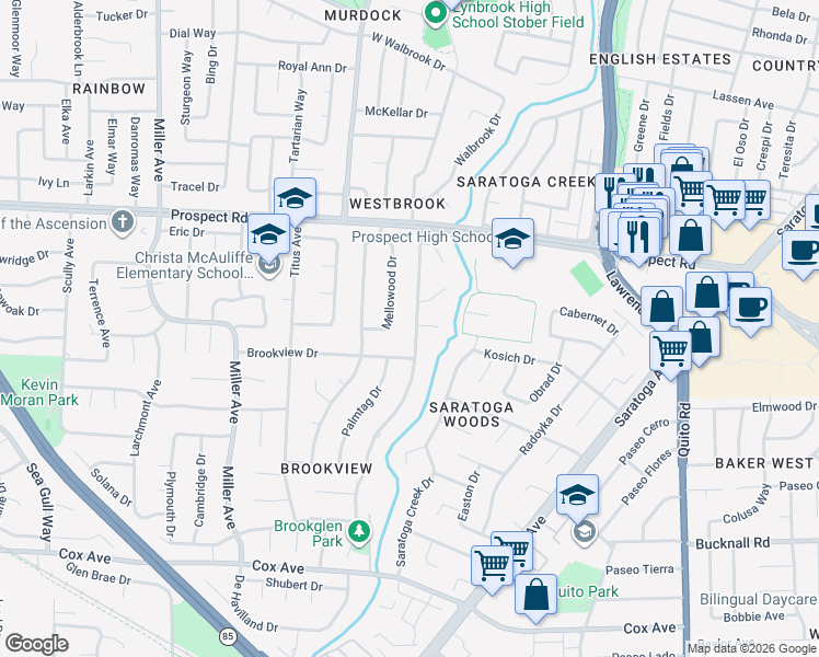 map of restaurants, bars, coffee shops, grocery stores, and more near 12240 Mellowood Drive in Saratoga