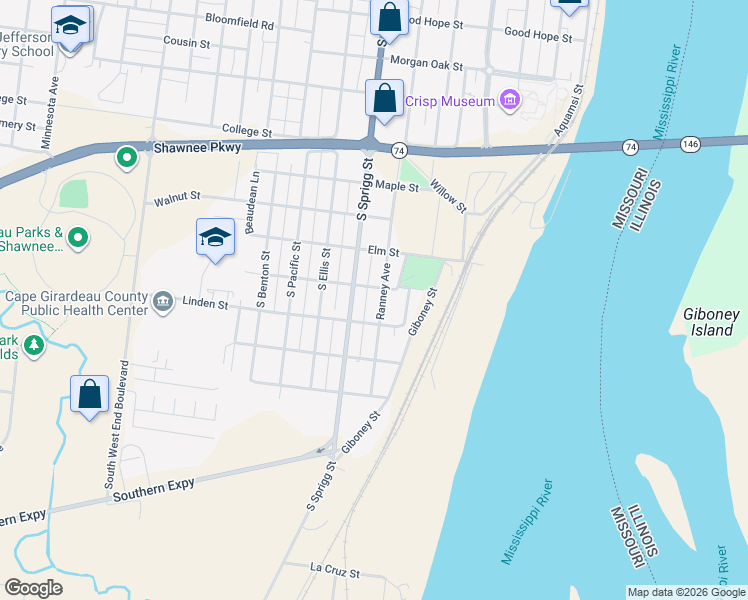 map of restaurants, bars, coffee shops, grocery stores, and more near 1000 Ranney Avenue in Cape Girardeau