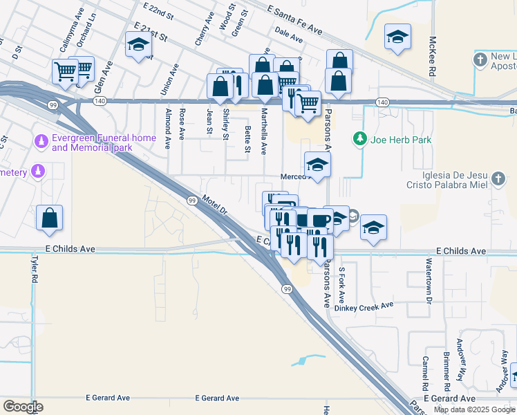 map of restaurants, bars, coffee shops, grocery stores, and more near 1792 Merced Avenue in Merced
