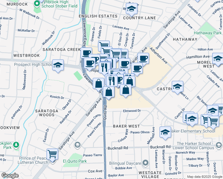 map of restaurants, bars, coffee shops, grocery stores, and more near 1550 El Paseo de Saratoga in San Jose
