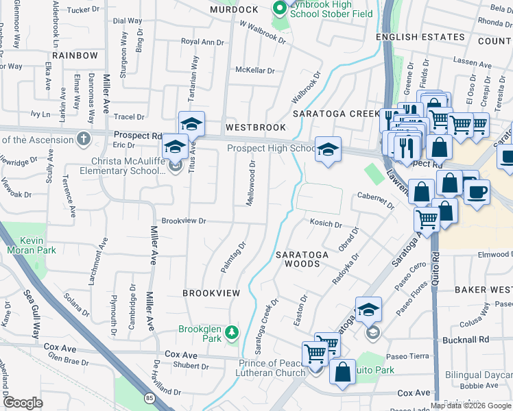 map of restaurants, bars, coffee shops, grocery stores, and more near 12240 Mellowood Drive in Saratoga