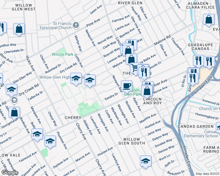 map of restaurants, bars, coffee shops, grocery stores, and more near 1231 Madrona Avenue in San Jose