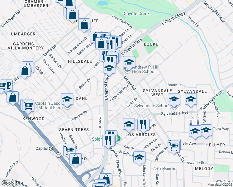 map of restaurants, bars, coffee shops, grocery stores, and more near 472 Sieber Court in San Jose