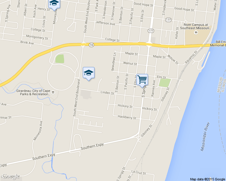 map of restaurants, bars, coffee shops, grocery stores, and more near 1029 S Benton St in Cape Girardeau