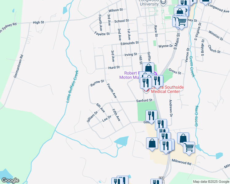 map of restaurants, bars, coffee shops, grocery stores, and more near 1000 Fourth Avenue in Farmville