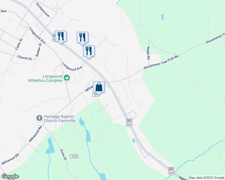 map of restaurants, bars, coffee shops, grocery stores, and more near 1800 East 3rd Street in Farmville