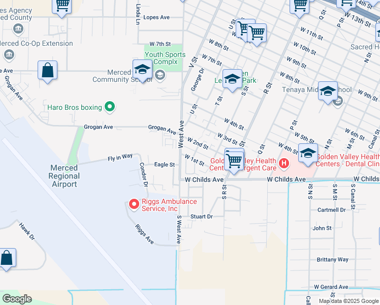 map of restaurants, bars, coffee shops, grocery stores, and more near 1311 West 1st Street in Merced
