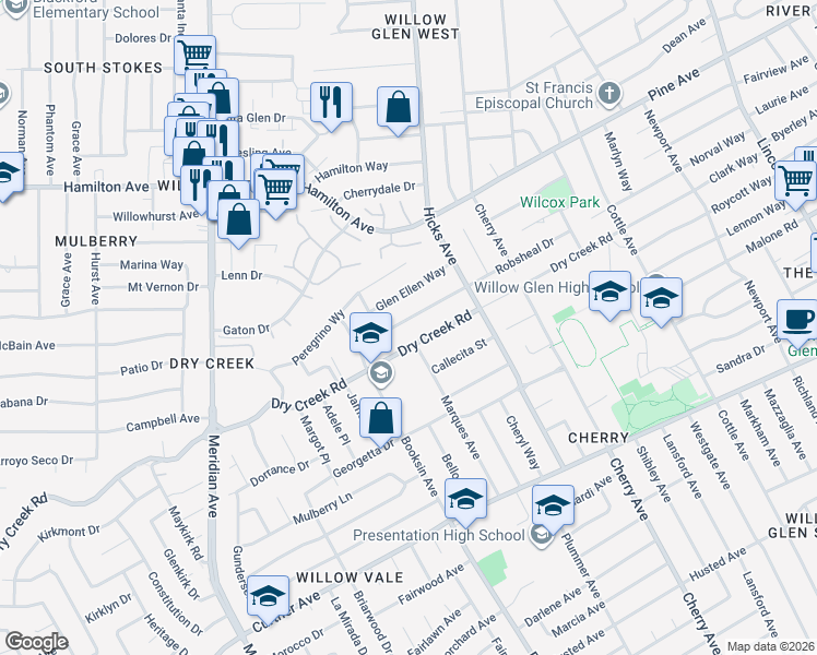 map of restaurants, bars, coffee shops, grocery stores, and more near 1492 Robsheal Drive in San Jose