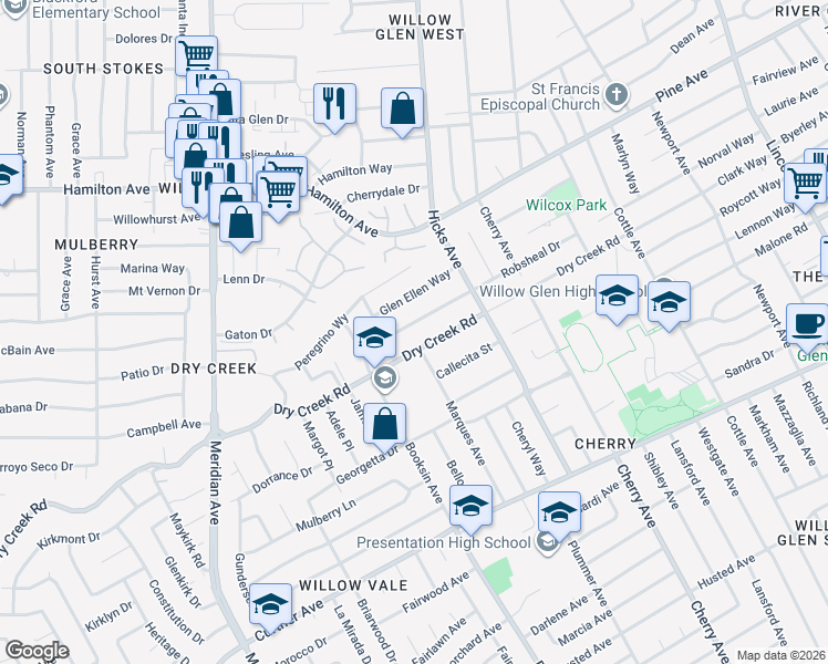 map of restaurants, bars, coffee shops, grocery stores, and more near 1492 Robsheal Drive in San Jose