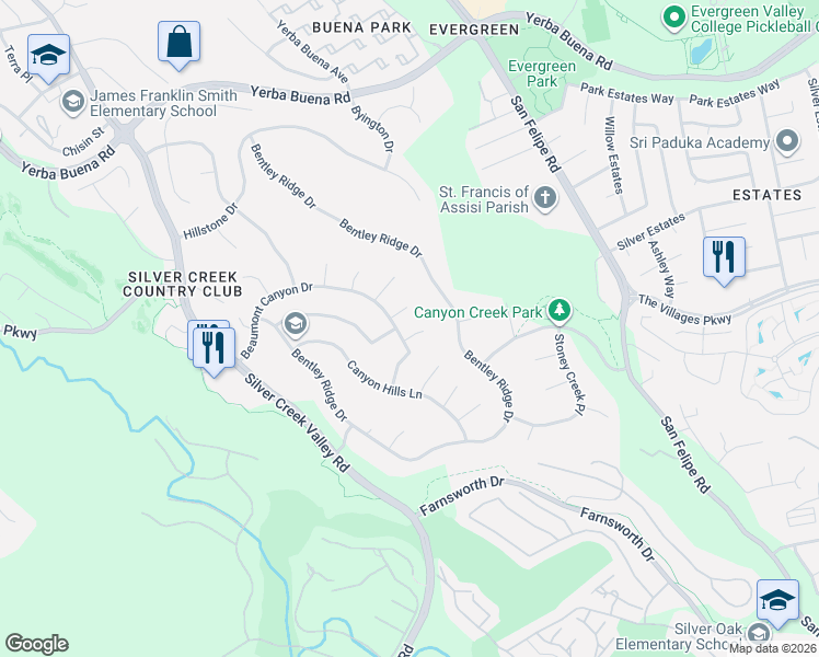 map of restaurants, bars, coffee shops, grocery stores, and more near 5373 Beaumont Canyon Drive in San Jose