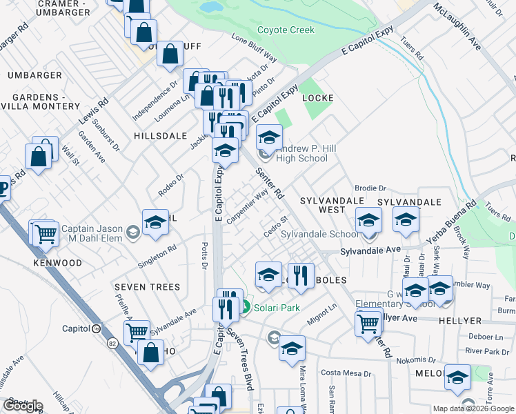 map of restaurants, bars, coffee shops, grocery stores, and more near 3284 Column Court in San Jose
