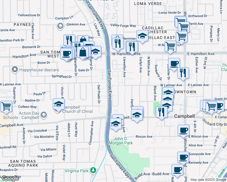 map of restaurants, bars, coffee shops, grocery stores, and more near in Campbell