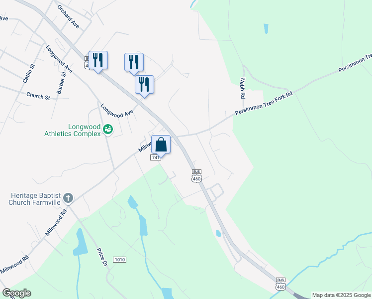 map of restaurants, bars, coffee shops, grocery stores, and more near 1800 E 3rd St in Farmville