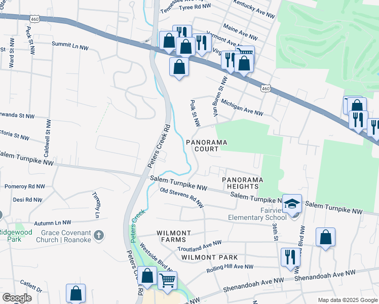map of restaurants, bars, coffee shops, grocery stores, and more near 802 Westside Boulevard Northwest in Roanoke