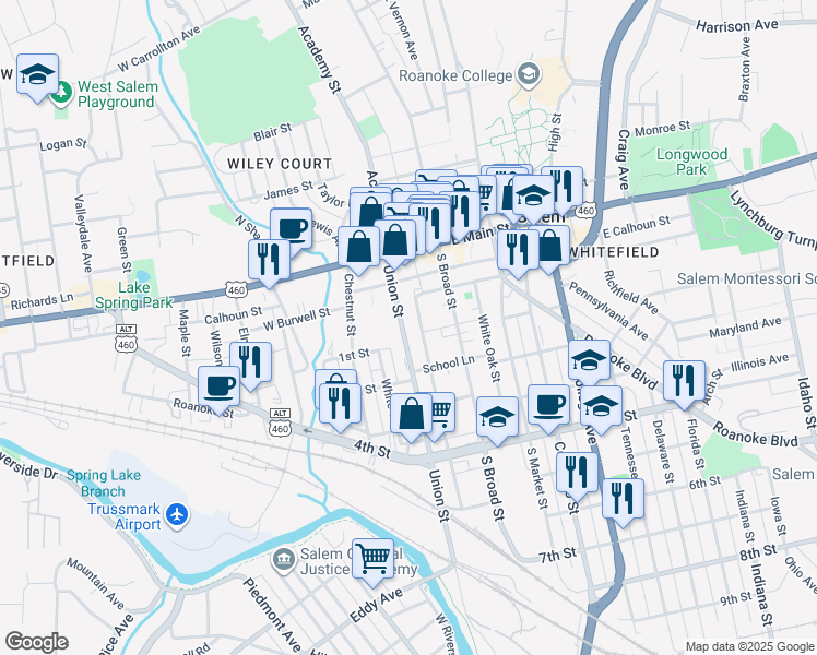 map of restaurants, bars, coffee shops, grocery stores, and more near in Roanoke