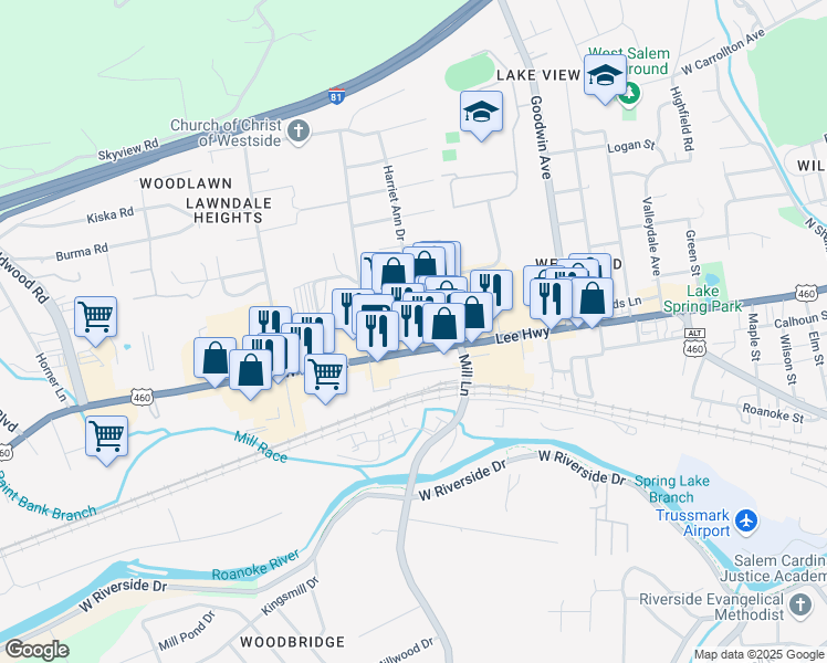 map of restaurants, bars, coffee shops, grocery stores, and more near 601 Roanoke Street in Salem
