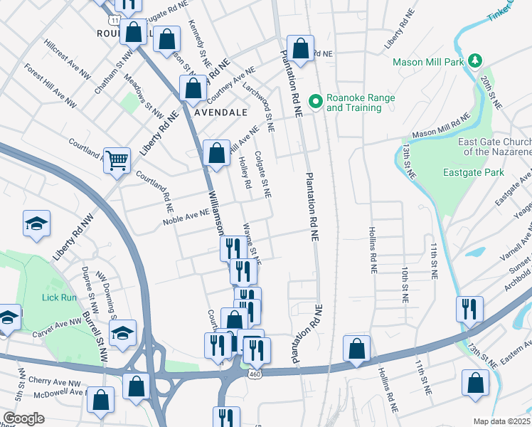 map of restaurants, bars, coffee shops, grocery stores, and more near 330 Maddock Avenue Northeast in Roanoke