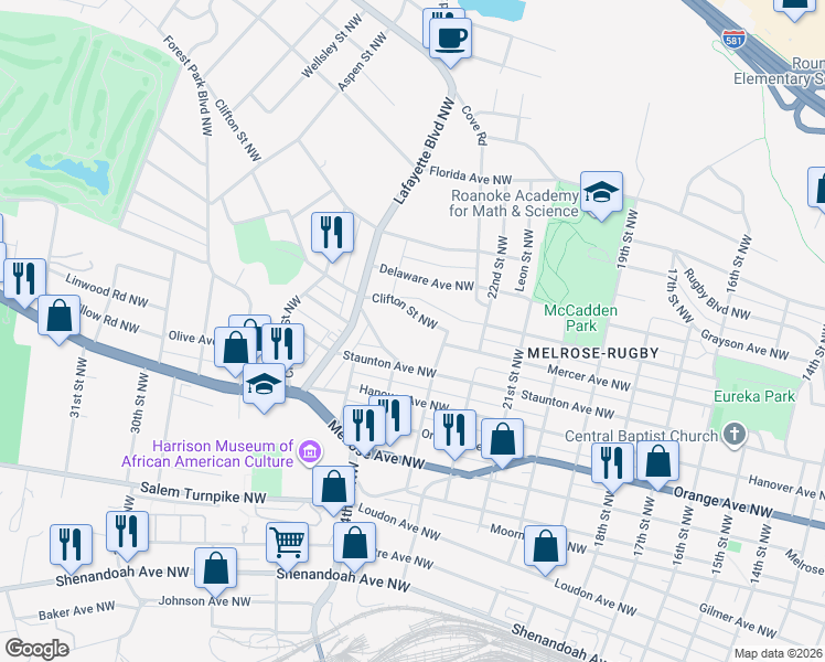 map of restaurants, bars, coffee shops, grocery stores, and more near 2402 Clifton Street Northwest in Roanoke