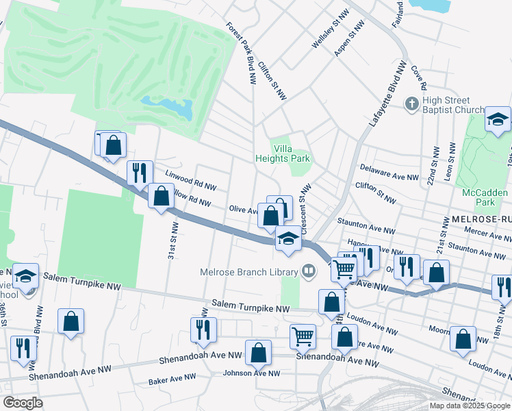 map of restaurants, bars, coffee shops, grocery stores, and more near 2831 Olive Avenue Northwest in Roanoke