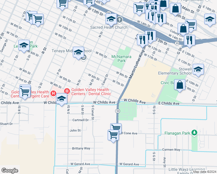 map of restaurants, bars, coffee shops, grocery stores, and more near 425 West 6th Street in Merced