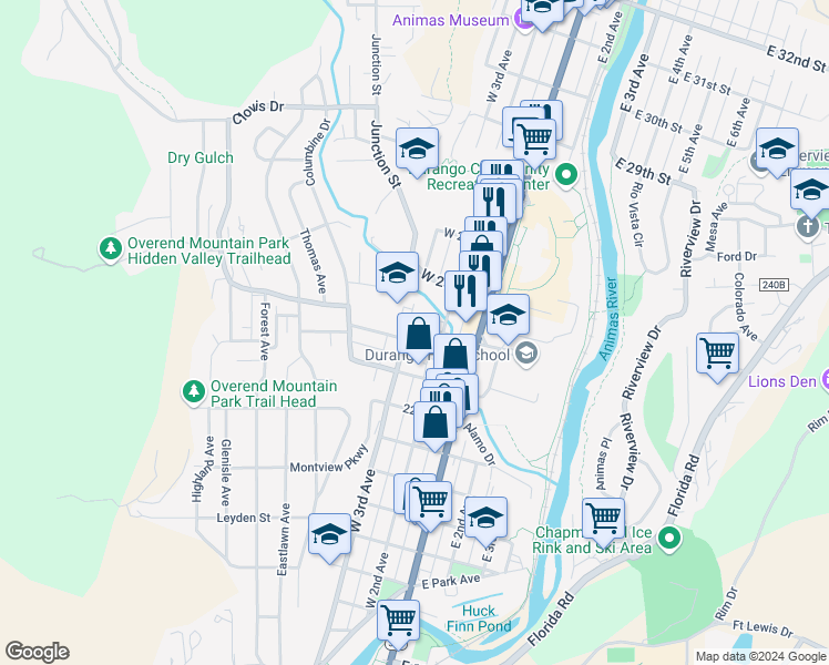 map of restaurants, bars, coffee shops, grocery stores, and more near 2376 West 3rd Avenue in Durango