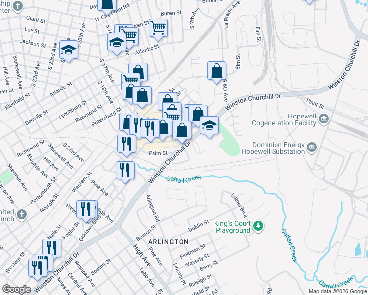 map of restaurants, bars, coffee shops, grocery stores, and more near 1010 Winston Churchill Drive in Hopewell