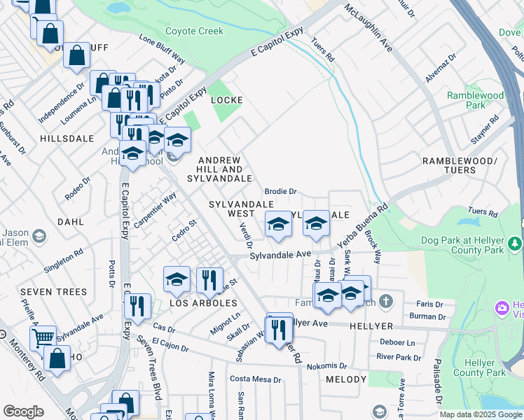 map of restaurants, bars, coffee shops, grocery stores, and more near 3647 Clear Brook Court in San Jose
