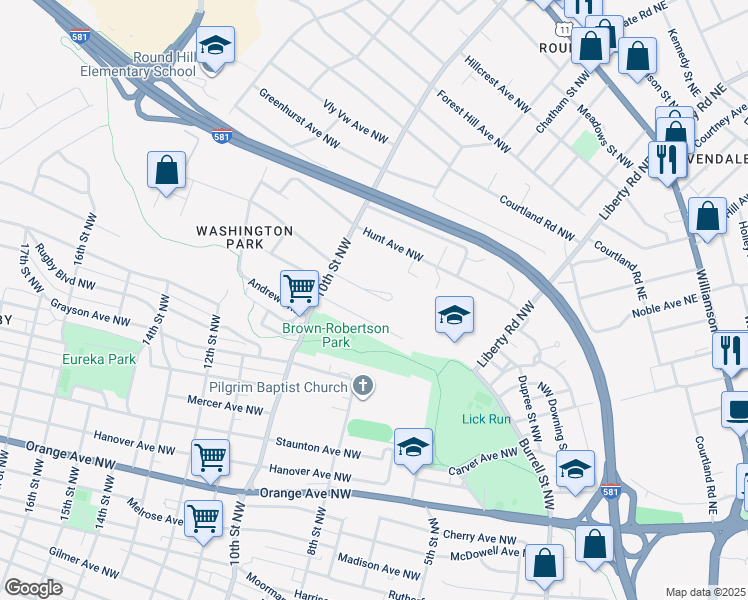 map of restaurants, bars, coffee shops, grocery stores, and more near 918 Rockland Avenue Northwest in Roanoke