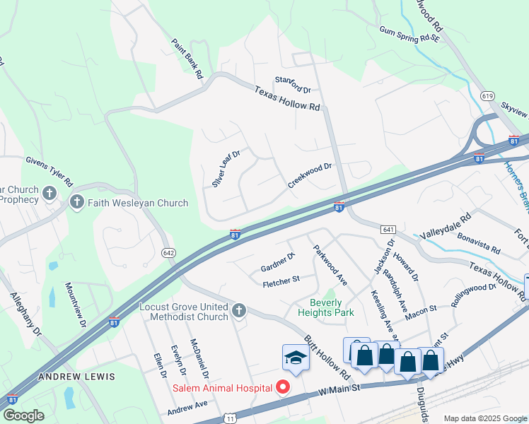 map of restaurants, bars, coffee shops, grocery stores, and more near 2854 Creekwood Drive in Salem
