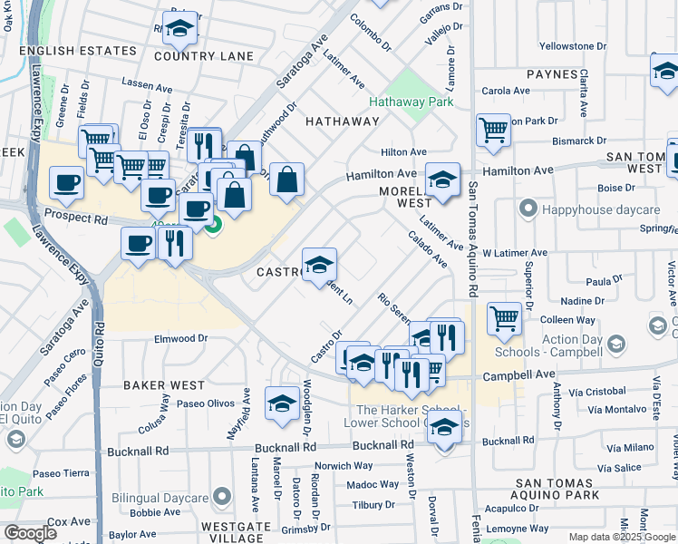 map of restaurants, bars, coffee shops, grocery stores, and more near 4676 Mossbrook Circle in San Jose
