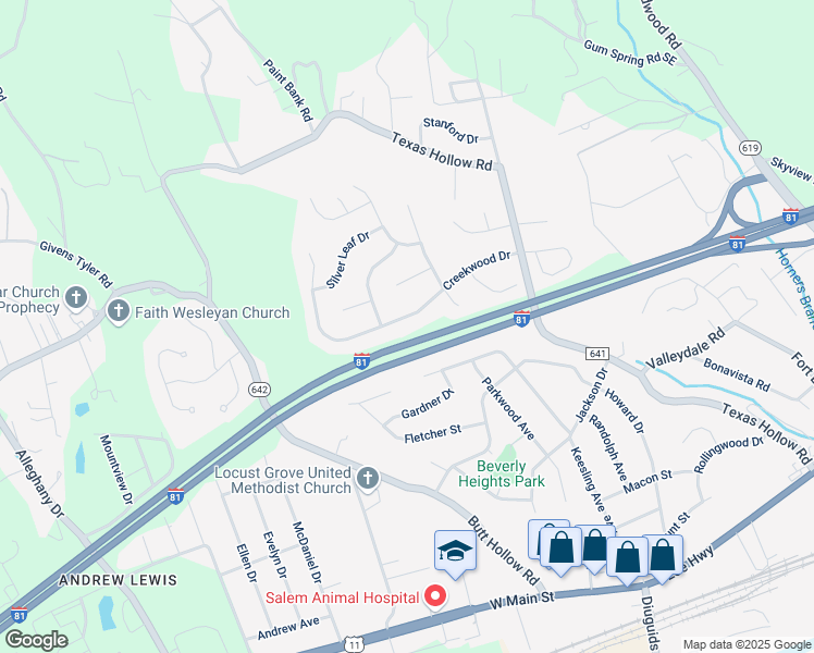 map of restaurants, bars, coffee shops, grocery stores, and more near 2854 Creekwood Drive in Salem