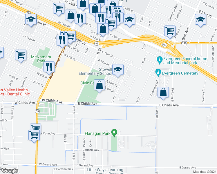 map of restaurants, bars, coffee shops, grocery stores, and more near 245 East 9th Street in Merced