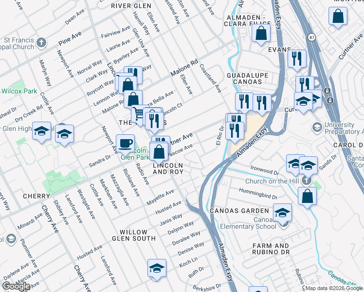map of restaurants, bars, coffee shops, grocery stores, and more near 1029 Pascoe Avenue in San Jose