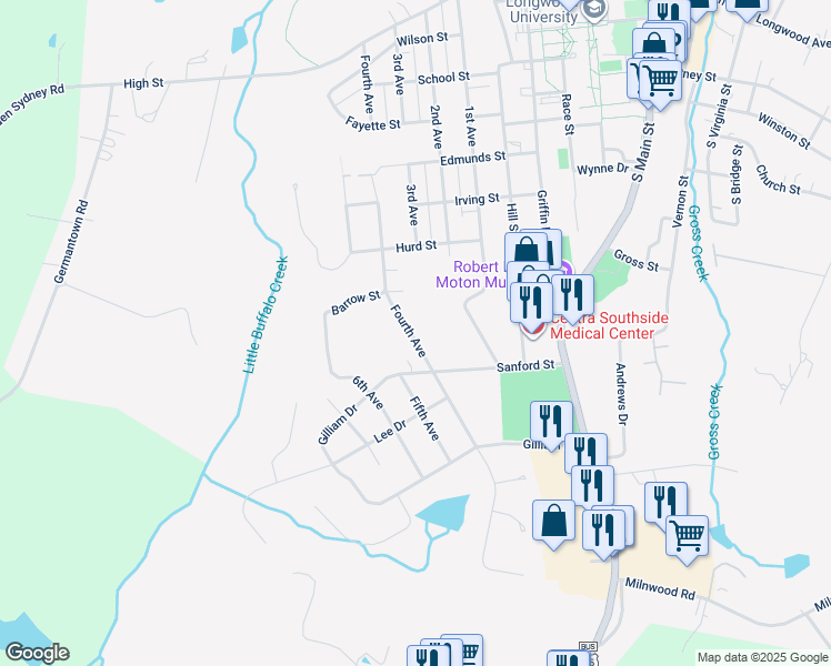 map of restaurants, bars, coffee shops, grocery stores, and more near 1000 Fourth Avenue in Farmville