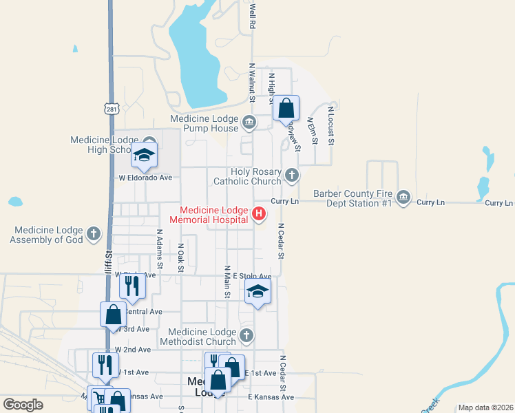 map of restaurants, bars, coffee shops, grocery stores, and more near 201-299 E Lockwood Ave in Medicine Lodge