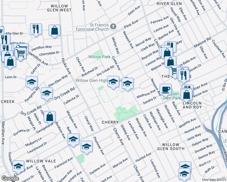 map of restaurants, bars, coffee shops, grocery stores, and more near 2001 Cottle Avenue in San Jose